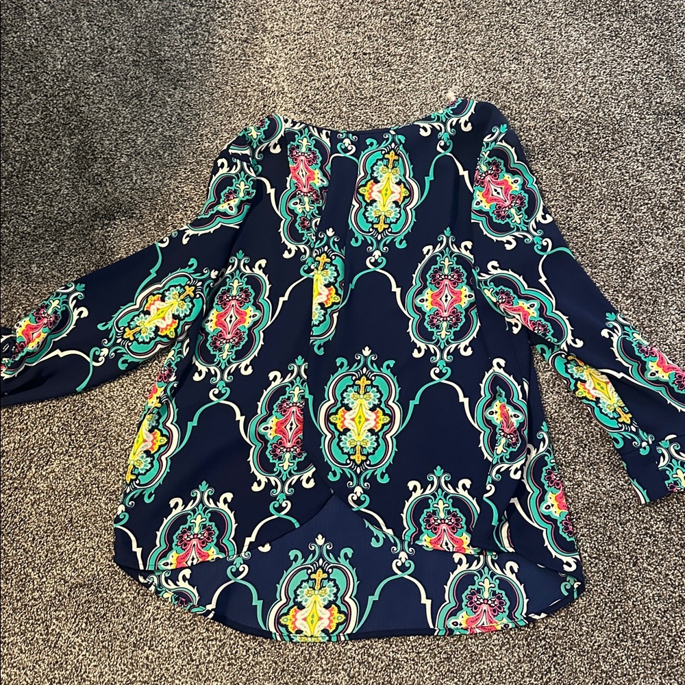 Peach Love California Navy and Teal Patterned Blouse - Picture 3 of 3